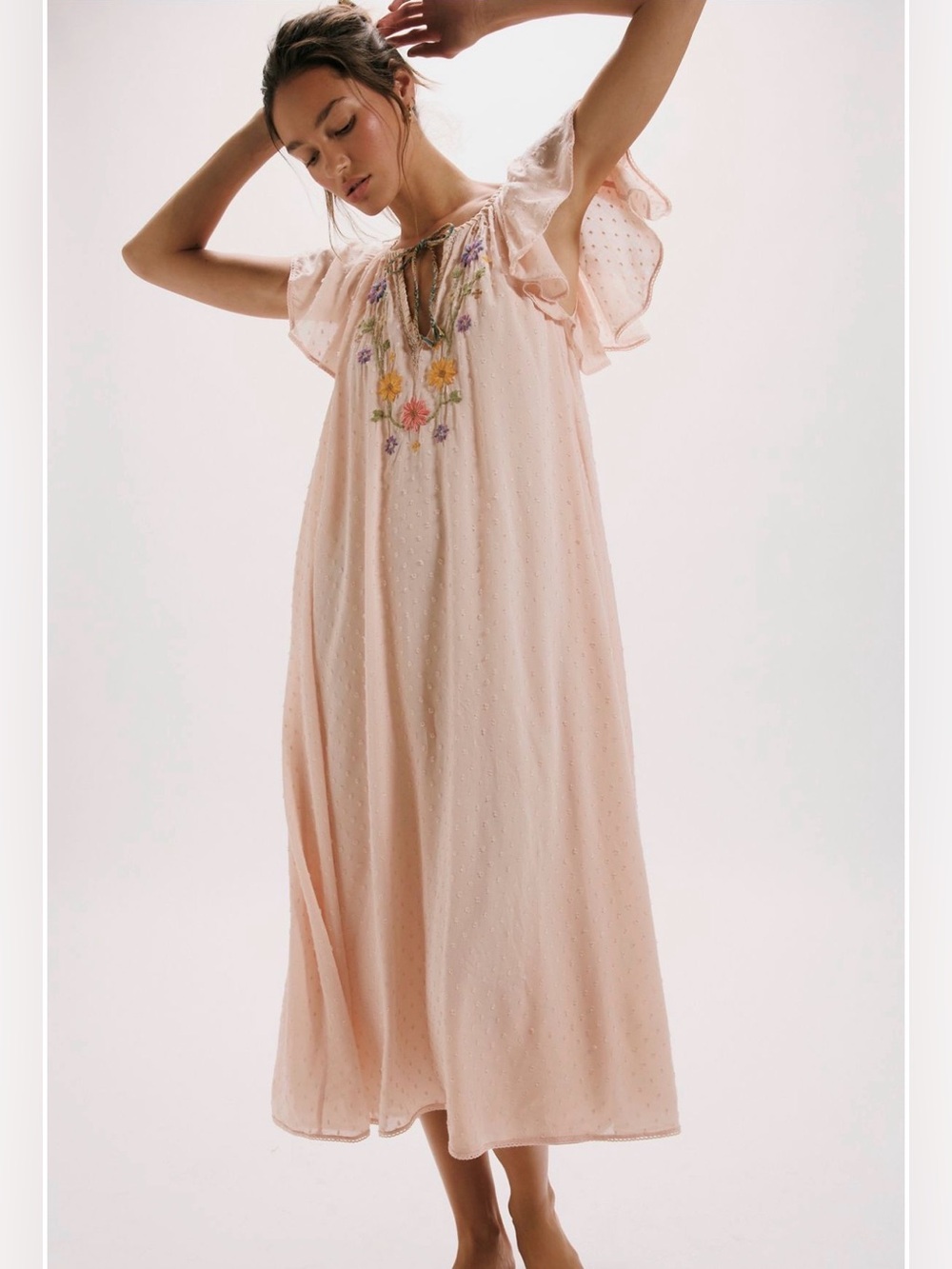 Free People Savannah Rose Midi Dress Boho Chic Ethereal Floral Dainty Size L NWT